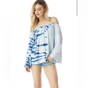 Sky Blue and White Off-Shoulder Blouse